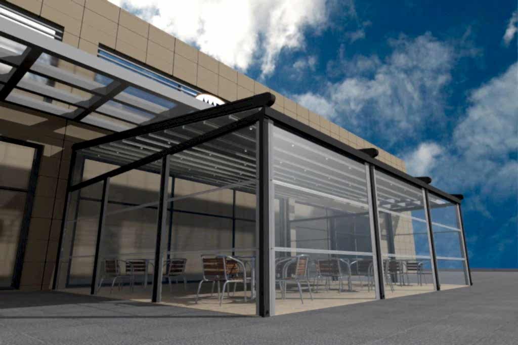 Otomatik giyotin cam sistemleri, dış mekanları dört mevsim kullanılabilir hale getiren motorlu cam sistemleridir. Bu görselde bir kafenin açık alanında uygulanan modern giyotin cam sistemi yer almaktadır.